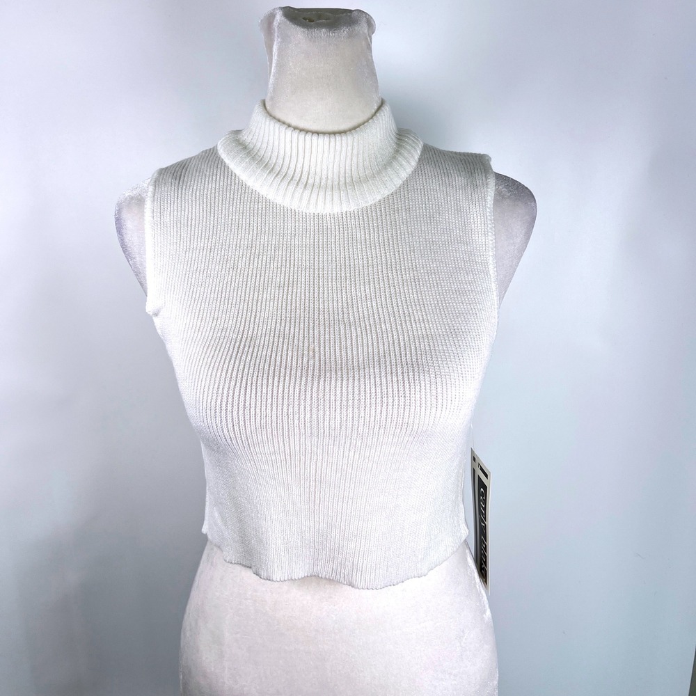 Carly Blake Womens White Ribbed Knit Turtleneck Sleeveless Dickie Made in USA